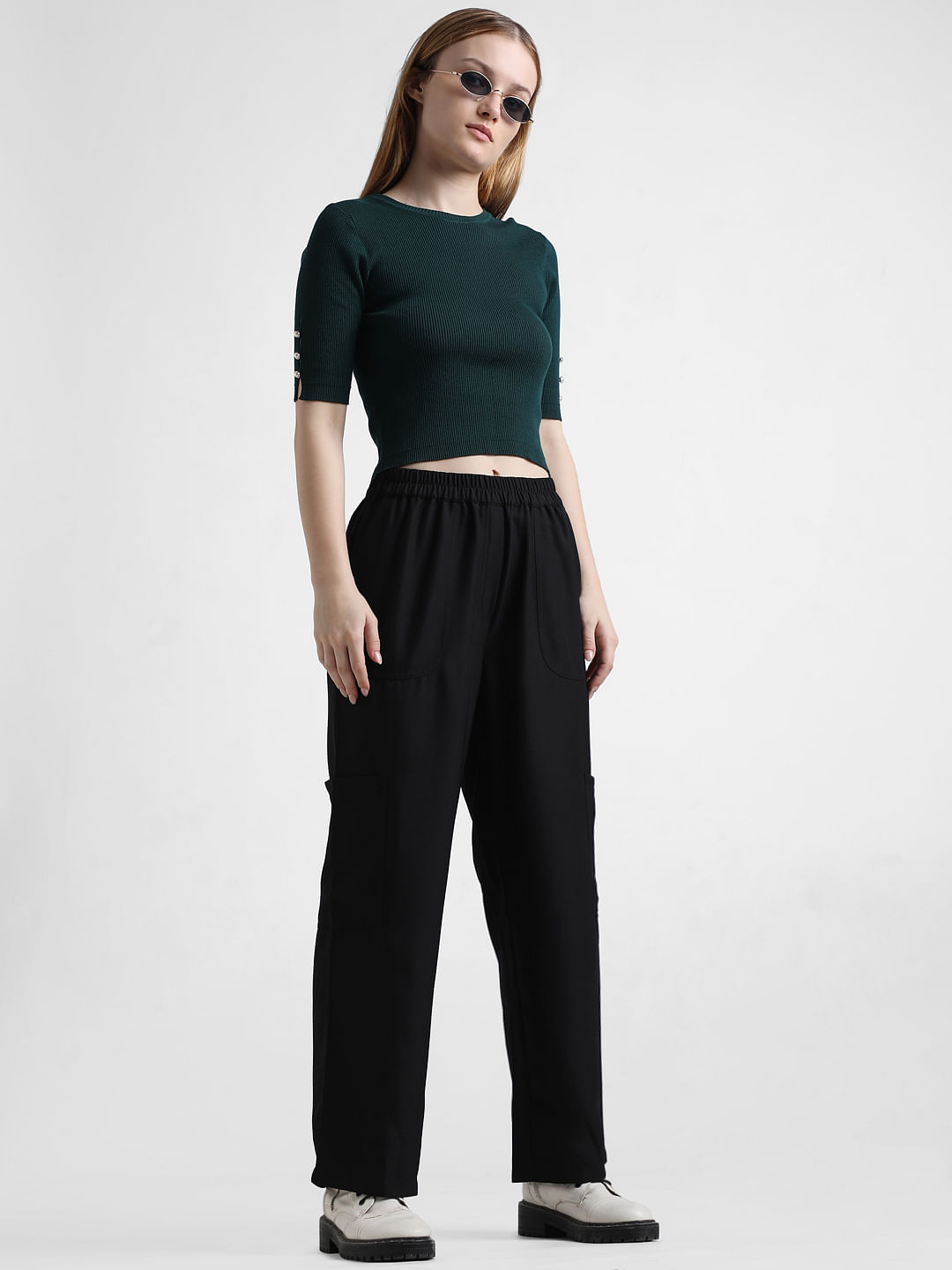 Buy Black Solid Parallel Pants With Embroidery Online - W for Woman